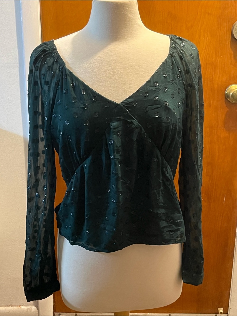 Loft Women's Dark Green Long Sleeve Blouse S V Neck Blouse. Lightweight Casual
